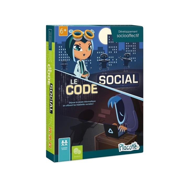 Illustration du couvercle de la boite de jeu Le code social. Elle représente d'une part un scientifique et d'autre part un pirate informatique.